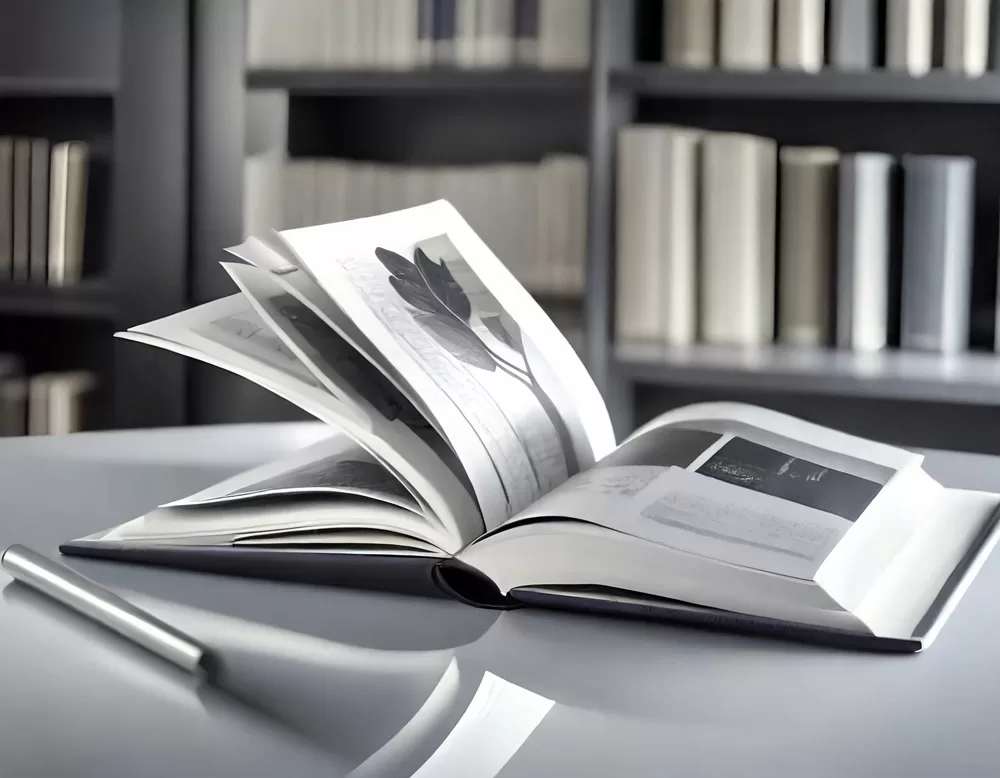 Open artwork book printed with matte paper on a table, blurred background