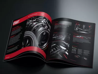 A glossy printed catalog prominently featuring high performance parts