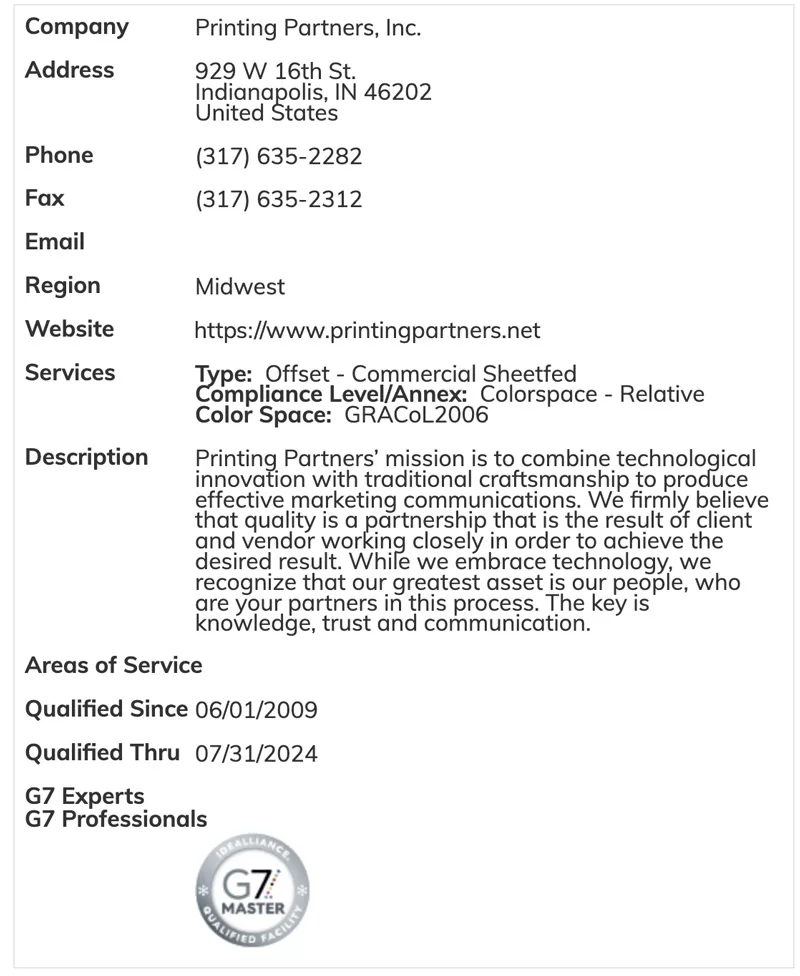 Printing Partners's G7 Certification Listing at idealliance.org/G7MasterDirectory