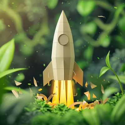 paper rocket ship, crafted from FSC certified paper, blasting off from a lush forest clearing