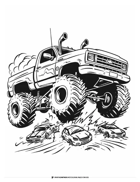 Flying Monster Truck Over Cars Coloring Page