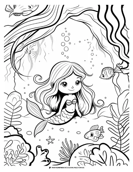 Mermaid Undersea with Fish Coloring Page