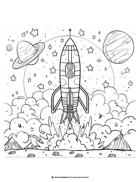 Rocketship Blasting Off Coloring Page