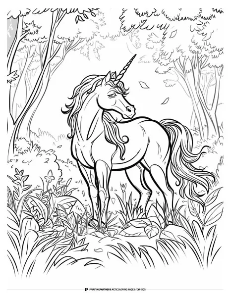Unicorn Standing in Forest Coloring Page