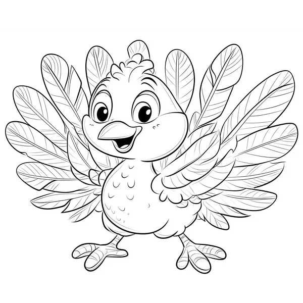 Thanksgiving Coloring Pages. happy turkey with large feathers in a playful pose