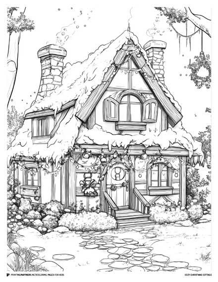 Cozy Christmas Cottage - Festive Holiday Coloring Page