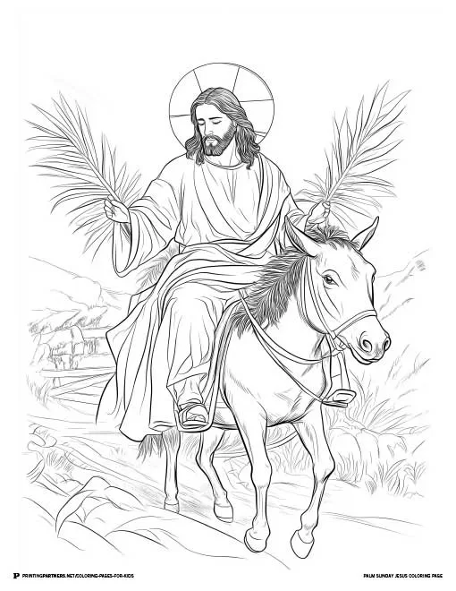 This heartwarming illustration of Jesus on a donkey holding palm branches captures the spirit of Palm Sunday, perfect for young ones to color as they learn about this meaningful event.