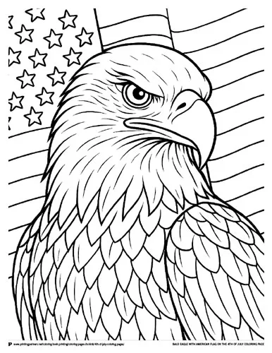 This fierce bald eagle stands proudly in front of the American flag. A powerful symbol of strength and freedom, it’s perfect for patriotic coloring fun.