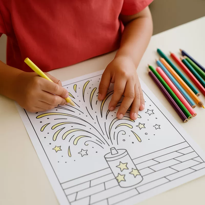 Child coloring a 4th of July fireworks image that was free to download