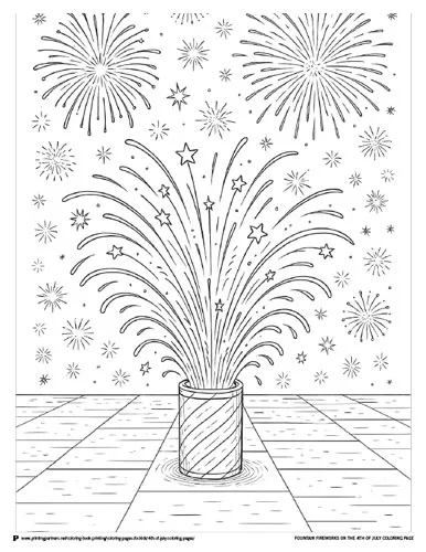 This highly detailed coloring page shows a classic fountain-style firework bursting with energy. Perfect for kids who enjoy intricate designs and firework fun.