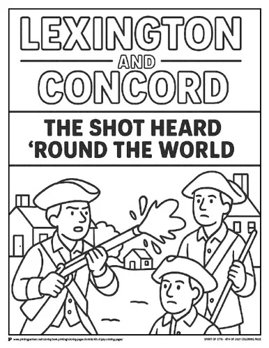 Step into Revolutionary War history with this scene from the battles of Lexington and Concord. A great educational coloring page for young patriots.