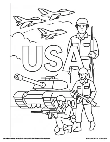 Celebrate America’s armed forces with this action-packed page featuring jets, tanks, and soldiers with the bold “USA” in the center.