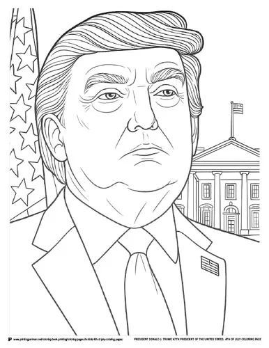 A patriotic coloring page featuring the 45th President of the United States with the White House and American flag in the background.