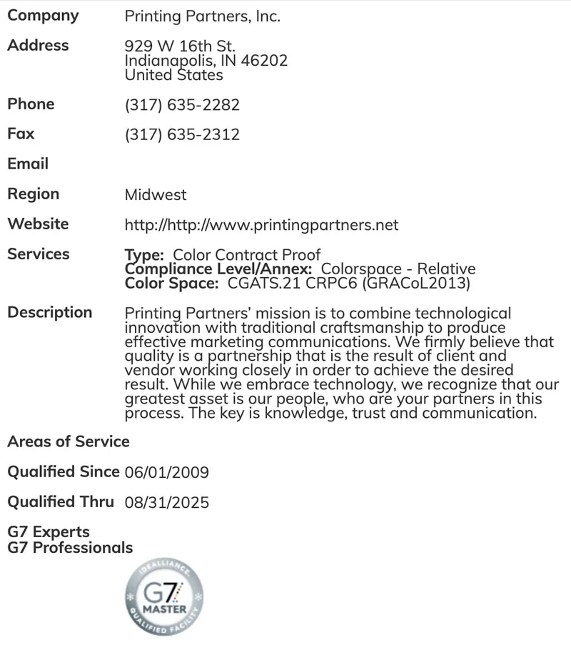 Printing Partners G7 Certification Good Through 08-31-2025