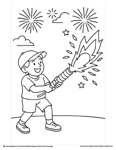 This exciting coloring page features a child lighting a Roman candle with fireworks bursting in the sky—perfect for kids who love firework fun.