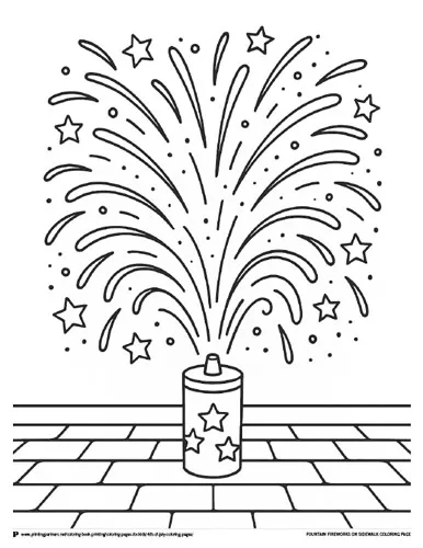 This fun coloring page displays a classic fountain firework exploding in a burst of stars—great for younger children celebrating the Fourth of July.