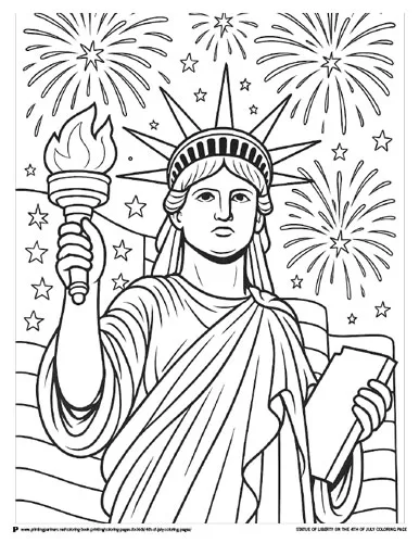 Statue of Liberty coloring page, fireworks coloring sheet, 4th of July celebration, Liberty and freedom, patriotic printable, American symbols