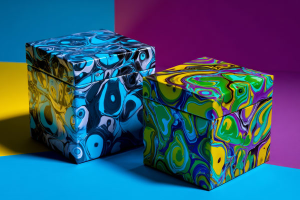 Two decorative boxes with abstract marbled designs in blue, green, yellow, and black colors.