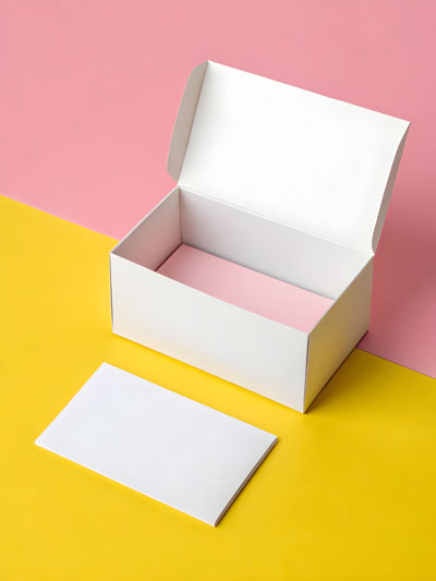Tuck box with cards on bold pink and yellow backdrop