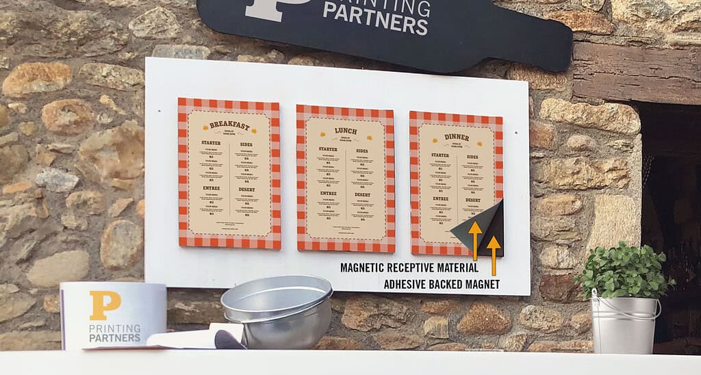 Mockup of three restaurant menus displayed on a wall with a magnetic receptive material.