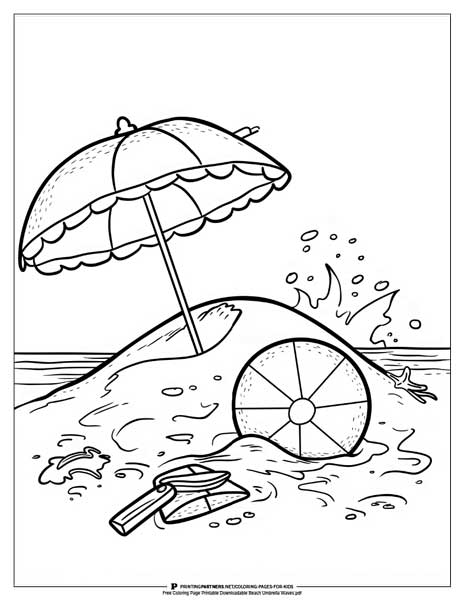 Beach umbrella with ocean waves coloring page.