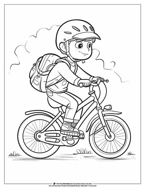 Boy riding bike to school coloring page.