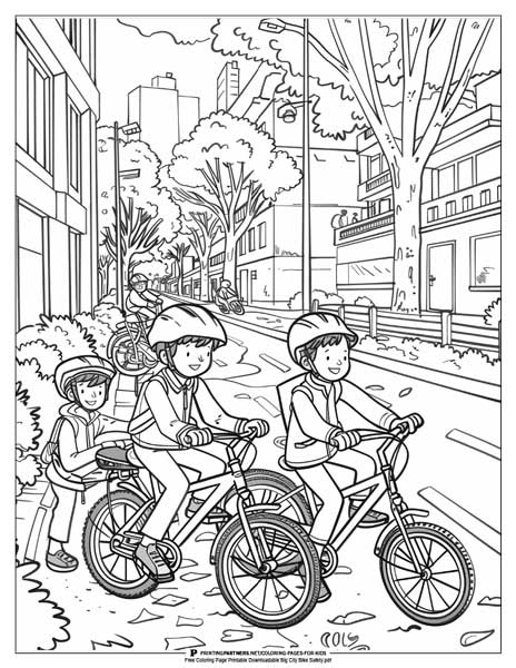 City bike safety scene coloring page.