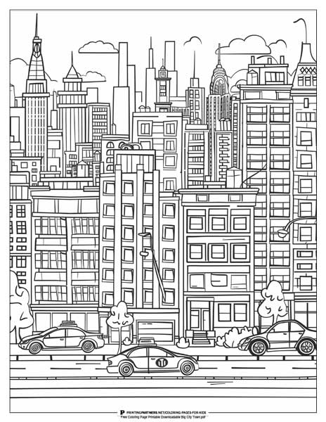 Lively city town scene coloring page.