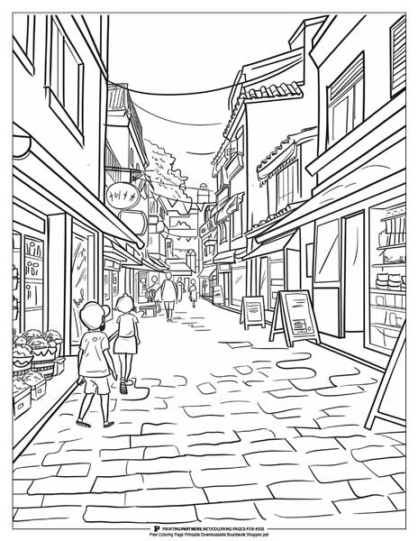 Boardwalk shops by the beach coloring page.