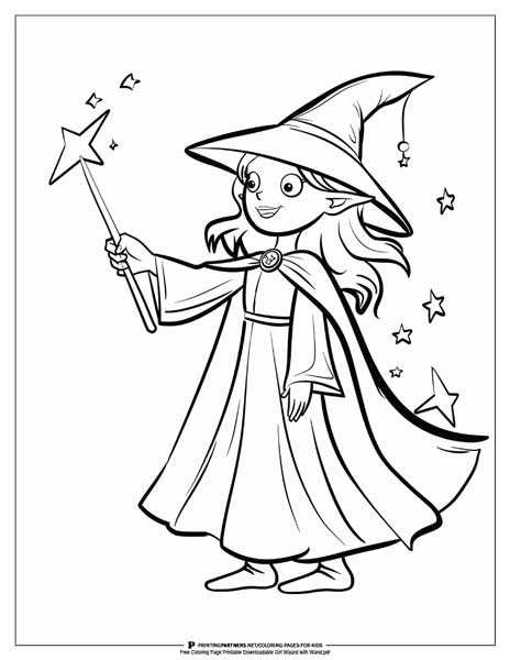 Girl wizard holding a wand coloring page.