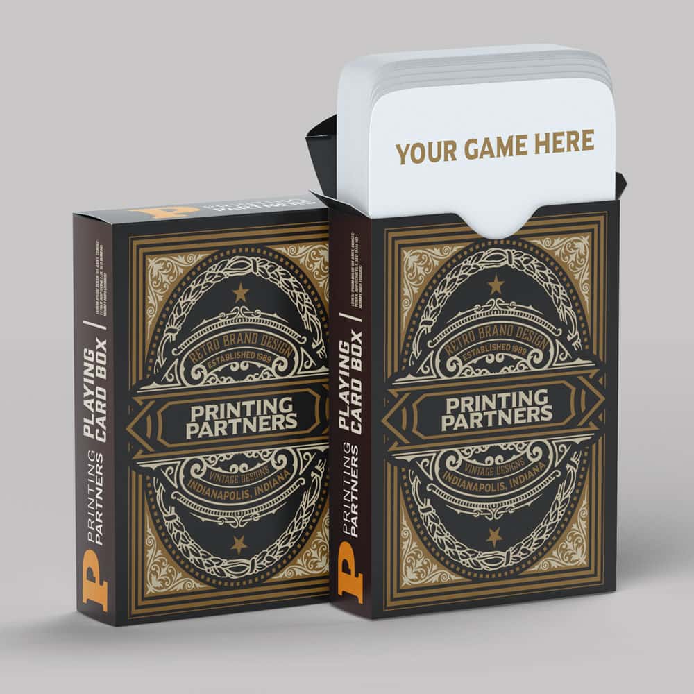 Custom playing card deck with a decorative box featuring the Printing Partners logo.