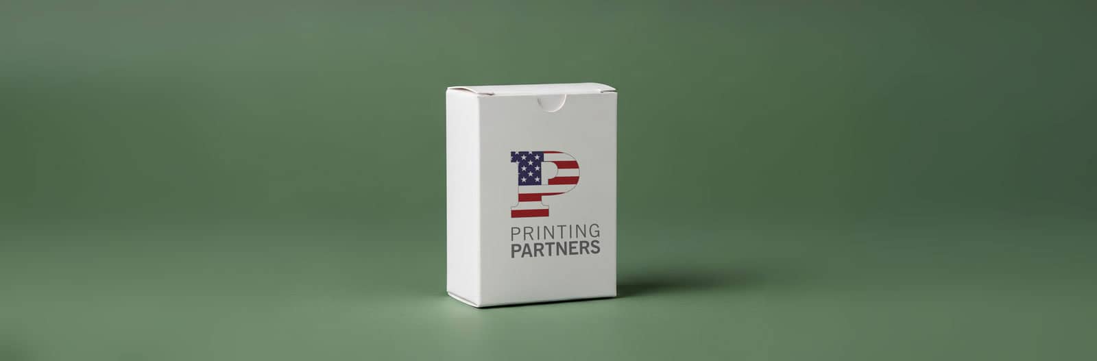 Custom printed tuck box featuring the Printing Partners logo with an American flag design.