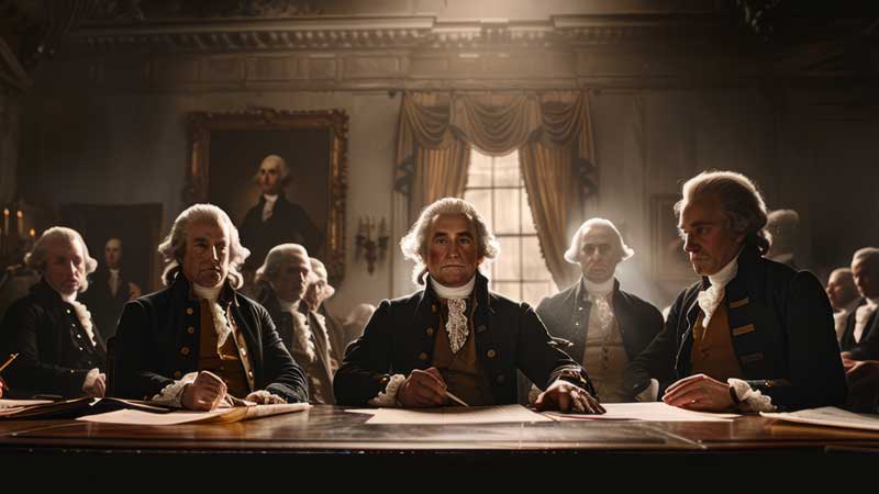 A scene of the signing of the Declaration of Independence, the Founding Fathers gathered around a table, their faces etched with determination.