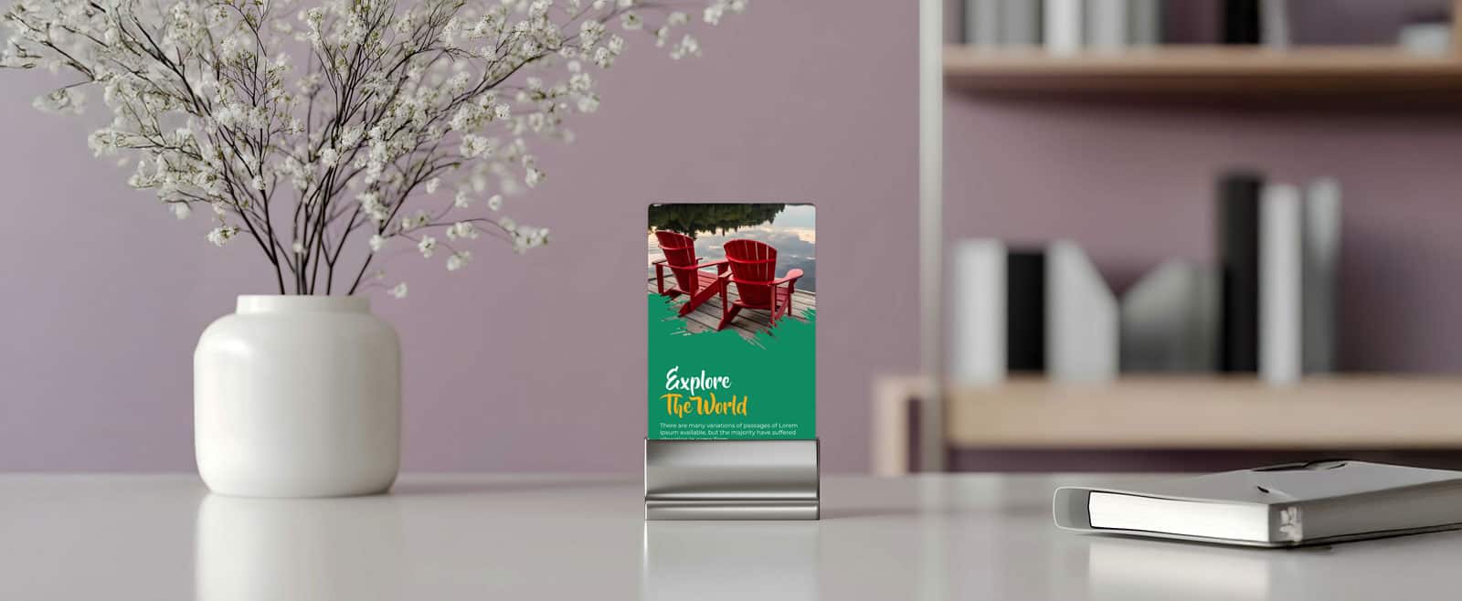Custom printed point of sale rack card featuring a design with red chairs and the text 'Explore The World'.
