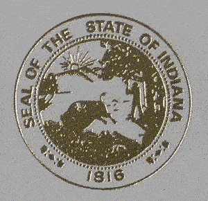 Animated foil stamp of the seal of the State of Indiana, featuring a central depiction of a woman and a bison.