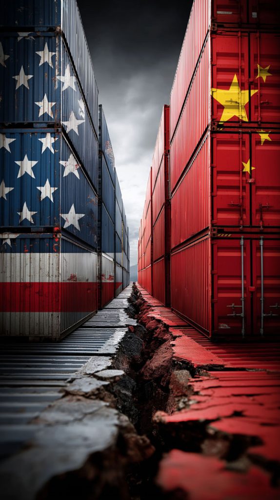 Tariffs war trade impact. USA vs China trade war. US-China trade tensions illustrated by tariffs and barriers.