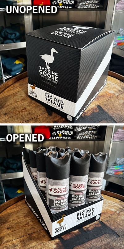 Unopened and opened package of Big Red Salame from Smoking Goose, displaying the product and packaging design.