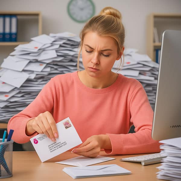 A frustrated office worker sorting through a large pile of mail at a desk in an office setting.