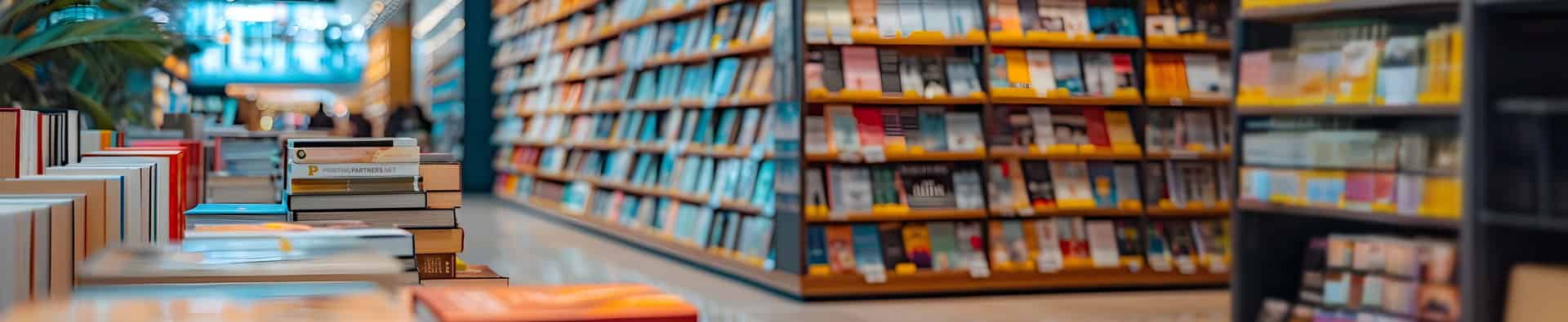 Colorful bookshelves filled with various books in a library setting.