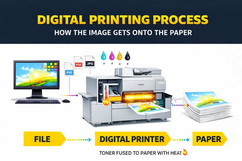 Illustration showing the digital printing process from file to printed paper with a digital printer.