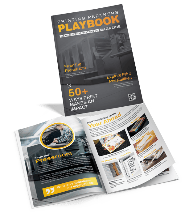 Open magazine titled 'Printing Partners Playbook' showcasing various print options and features.