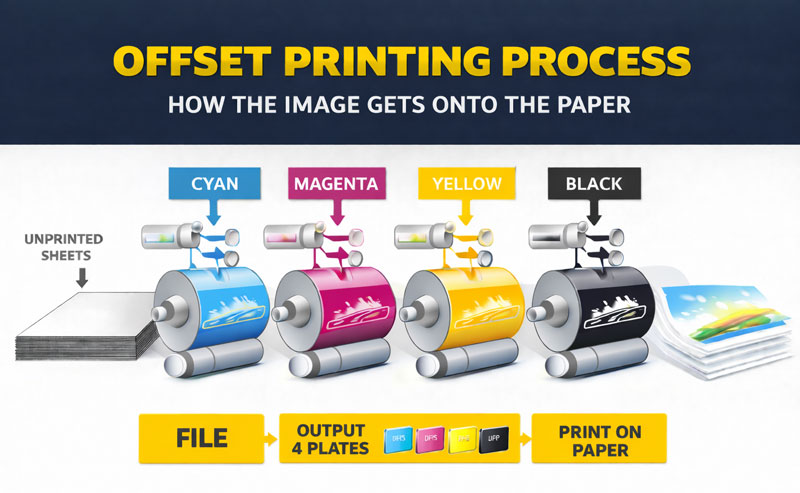 Diagram illustrating the offset printing process with color separation and printing steps.