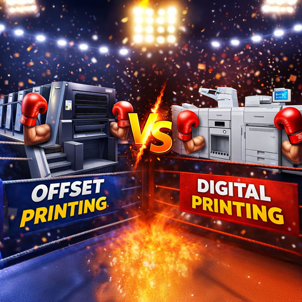 Illustration depicting a boxing match between offset printing and digital printing with boxing gloves.
