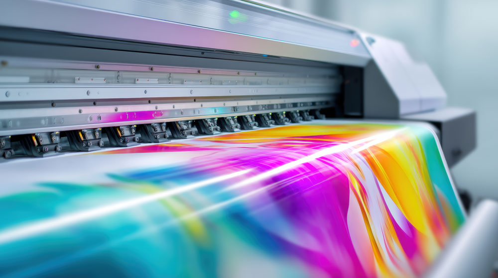 A wide-format printer producing a vivid, full-color print