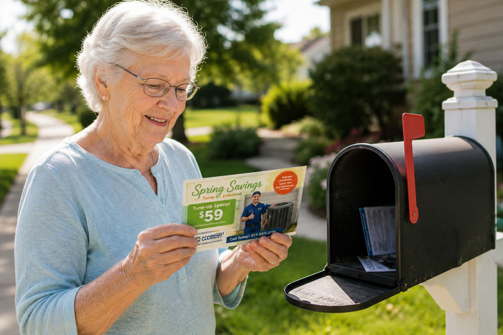 Woman at mailbox receiving a personalized direct mail postcard
