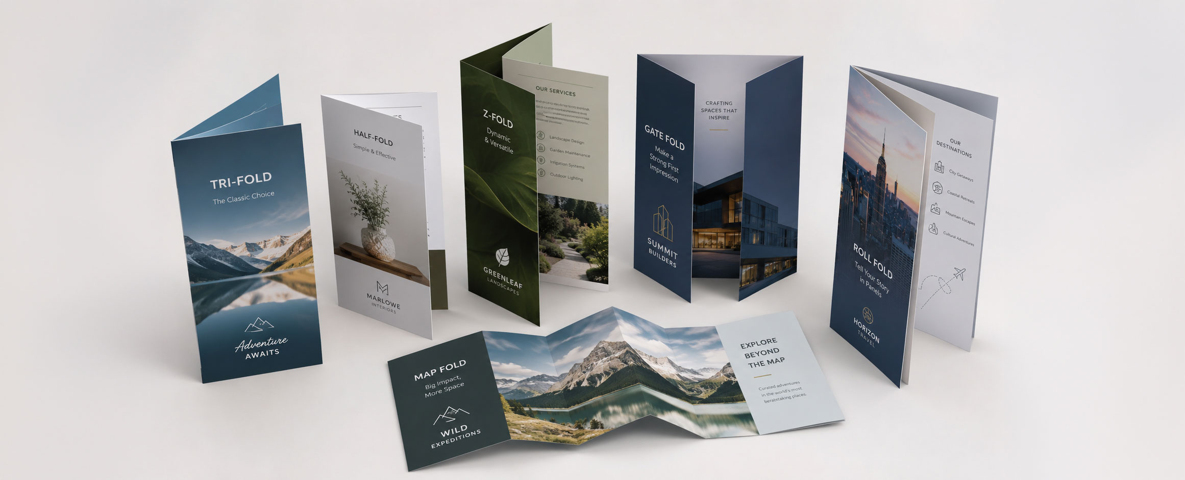 Six finished brochures standing upright showing tri-fold, half-fold, Z-fold, gate fold, roll fold, and map fold styles side by side.