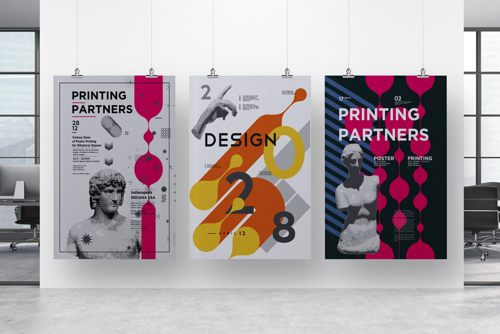Three art posters display bold graphic layouts and the Printing Partners logo, reflecting custom poster printing and design work in Indianapolis.
