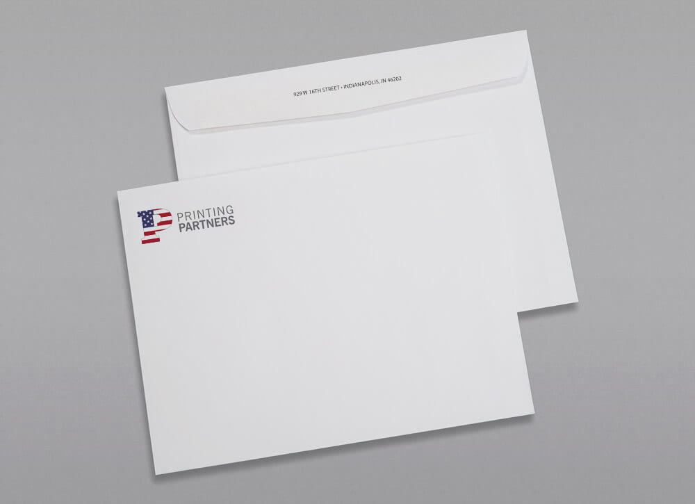 Custom printed 9x12 booklet envelopes with Printing Partners American flag branding, front and back view