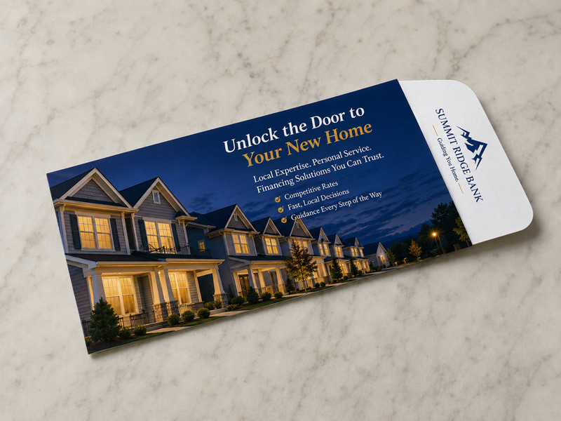 Full color custom printed catalog envelope for Summit Ridge Bank direct mail campaign, printed by Printing Partners Indianapolis