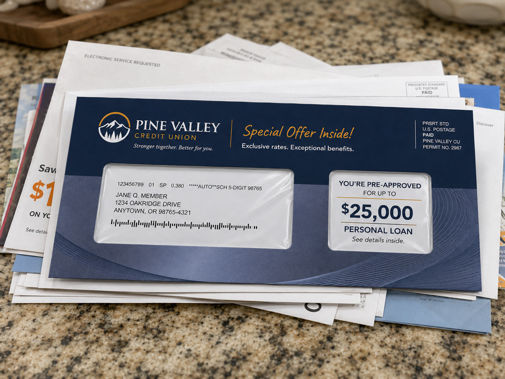 Full color double-window direct mail envelope for Pine Valley Credit Union with USPS presort indicia, printed by Printing Partners Indianapolis